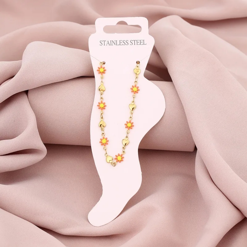 Gold Plated Heart and Enamel Daisy Charm Anklet - Picture 11 of 11